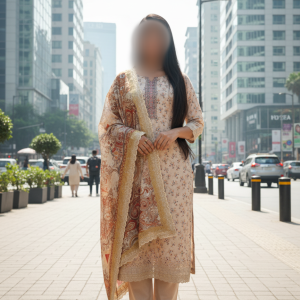 লেডিস প্রিমিয়াম কটন থ্রি-পিস – অফ-হোয়াইট উইথ মাল্টিকালার দোপাট্টা