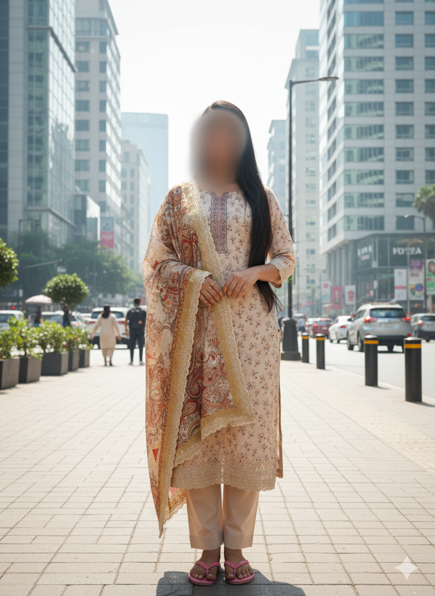 লেডিস প্রিমিয়াম কটন থ্রি-পিস – অফ-হোয়াইট উইথ মাল্টিকালার দোপাট্টা